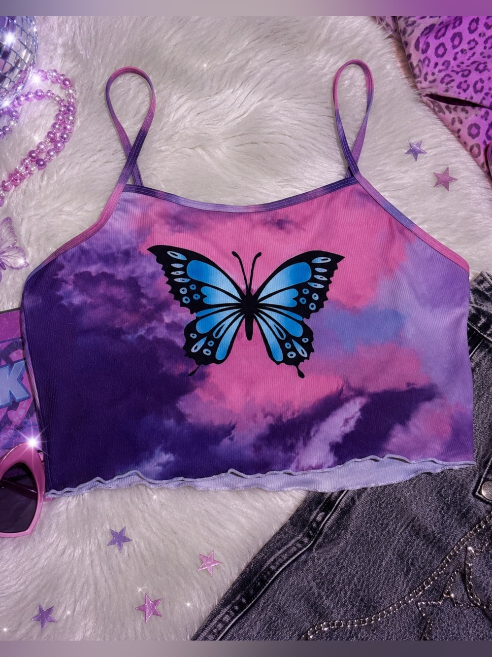 Y2K Purple Pink Butterfly Tie Dye Crop Cami Tank Top XL Fairy Grunge Coquette